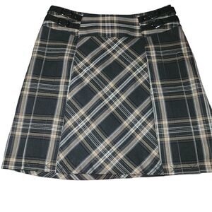 Dalia Collection Plaid A-line Pleated Mini Skirt in Black, Tan and White 6